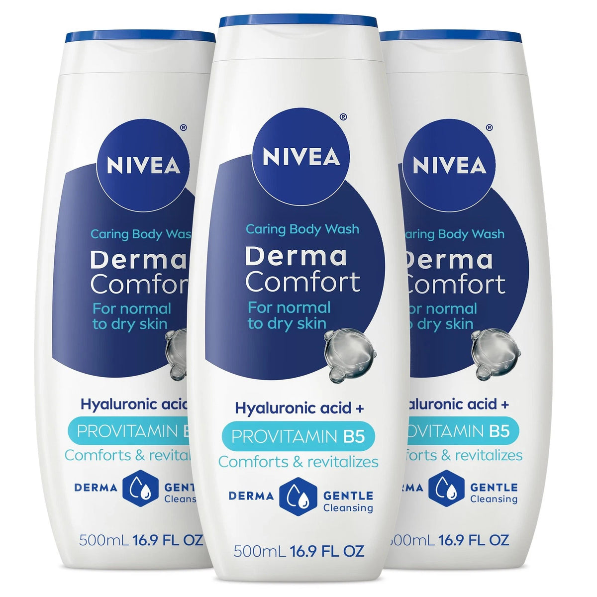Pack of 3 NIVEA Derma Comfort Caring Body Wash for Normal to Dry (16.9 Fl Oz)