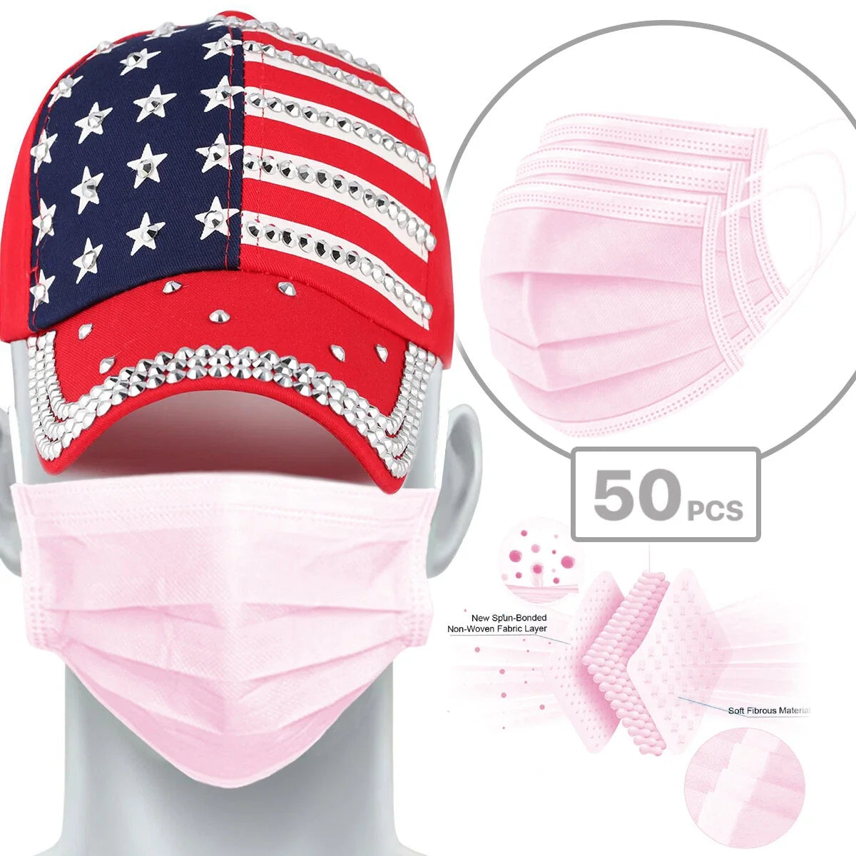 50 PCS Disposable 3-Ply Face Mask Earloop Mouth Cover for General Use