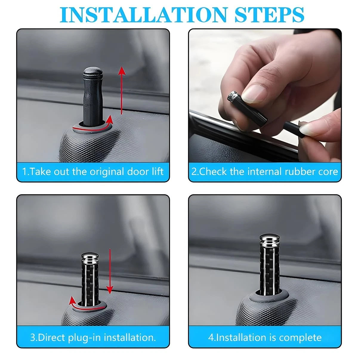 Set of 4 Carbon Fiber Door Lock Knobs for Car (Black/Flat)