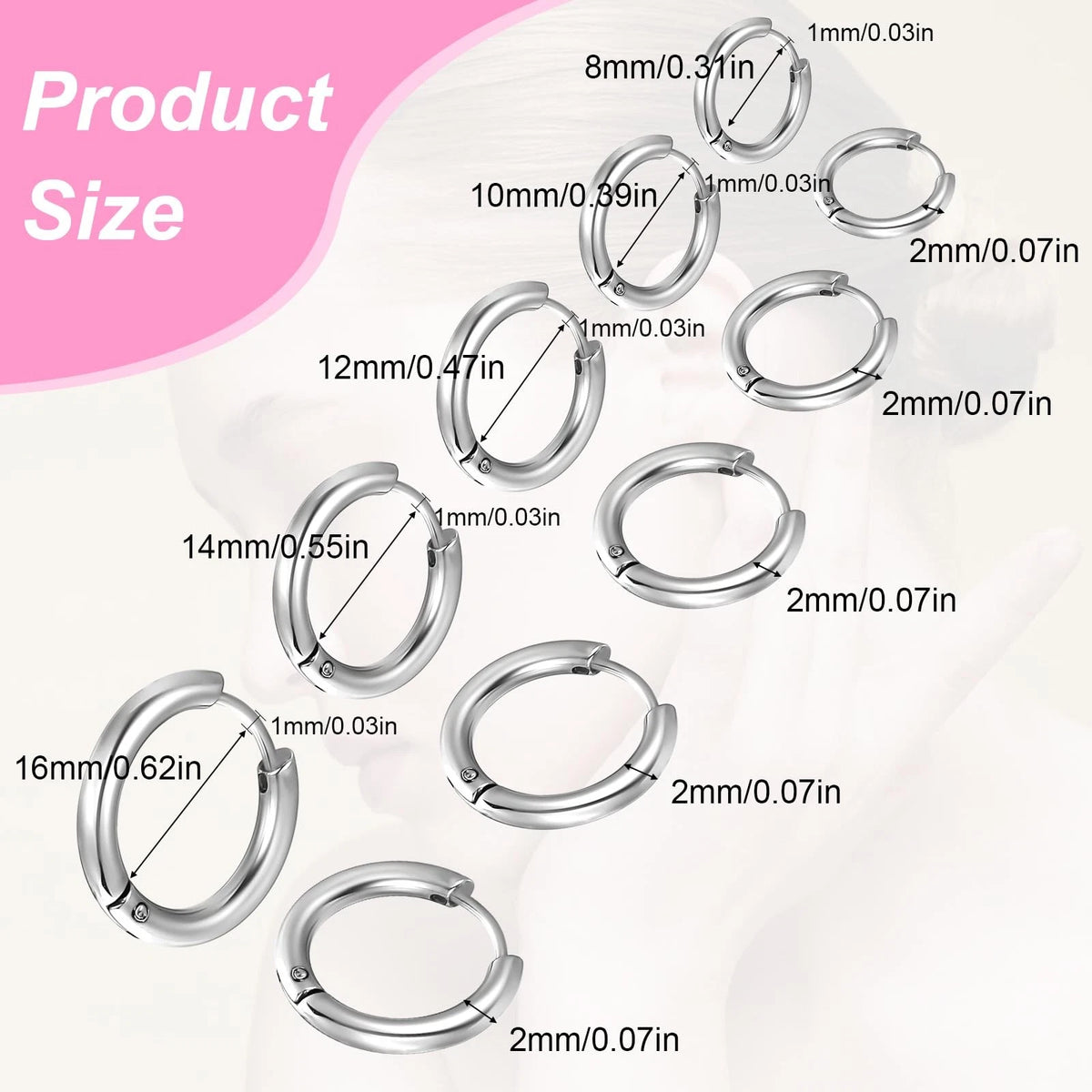 Set of 5 Pairs Solid Titanium Hoop Earrings 8mm-16mm