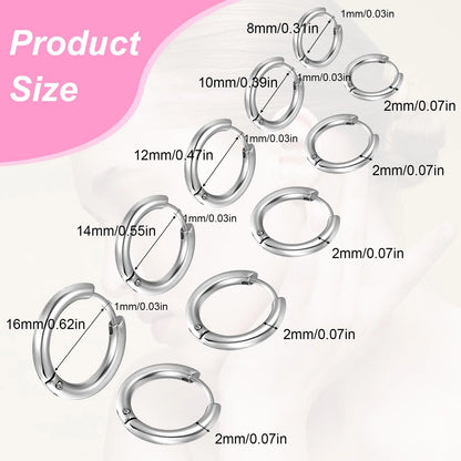 Set of 5 Pairs Solid Titanium Hoop Earrings 8mm-16mm