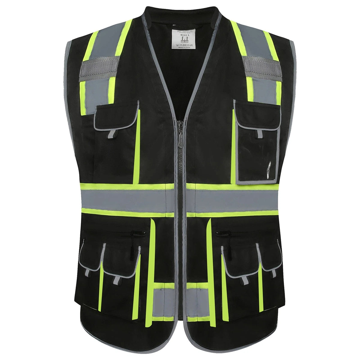 10 Pockets Hi-Vis Zipper Front Safety Vest for Large Size (Black)