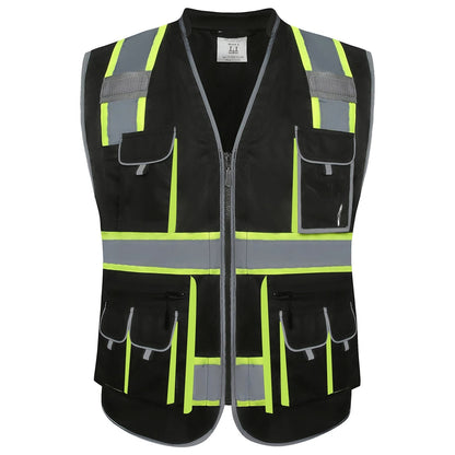 10 Pockets Hi-Vis Zipper Front Safety Vest for Large Size (Black)