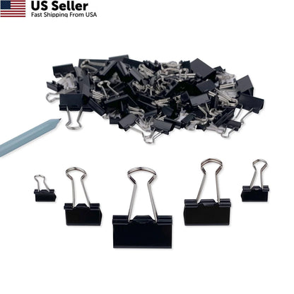 Set of 120 Binder Clips Paper Clamps Assorted Sizes 0.6 to 1.6 inches Black