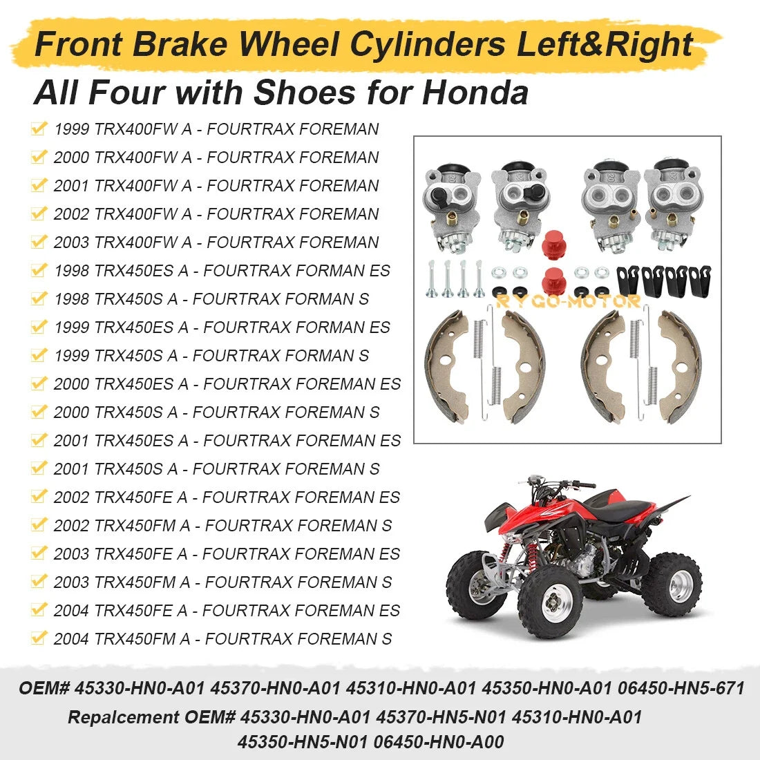 4X Front Brake Wheel Cylinders & Shoes Kit for Honda Foreman TRX450 (2000–2006)
