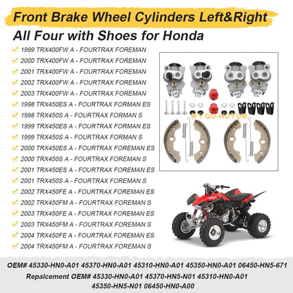 4X Front Brake Wheel Cylinders & Shoes Kit for Honda Foreman TRX450 (2000–2006)