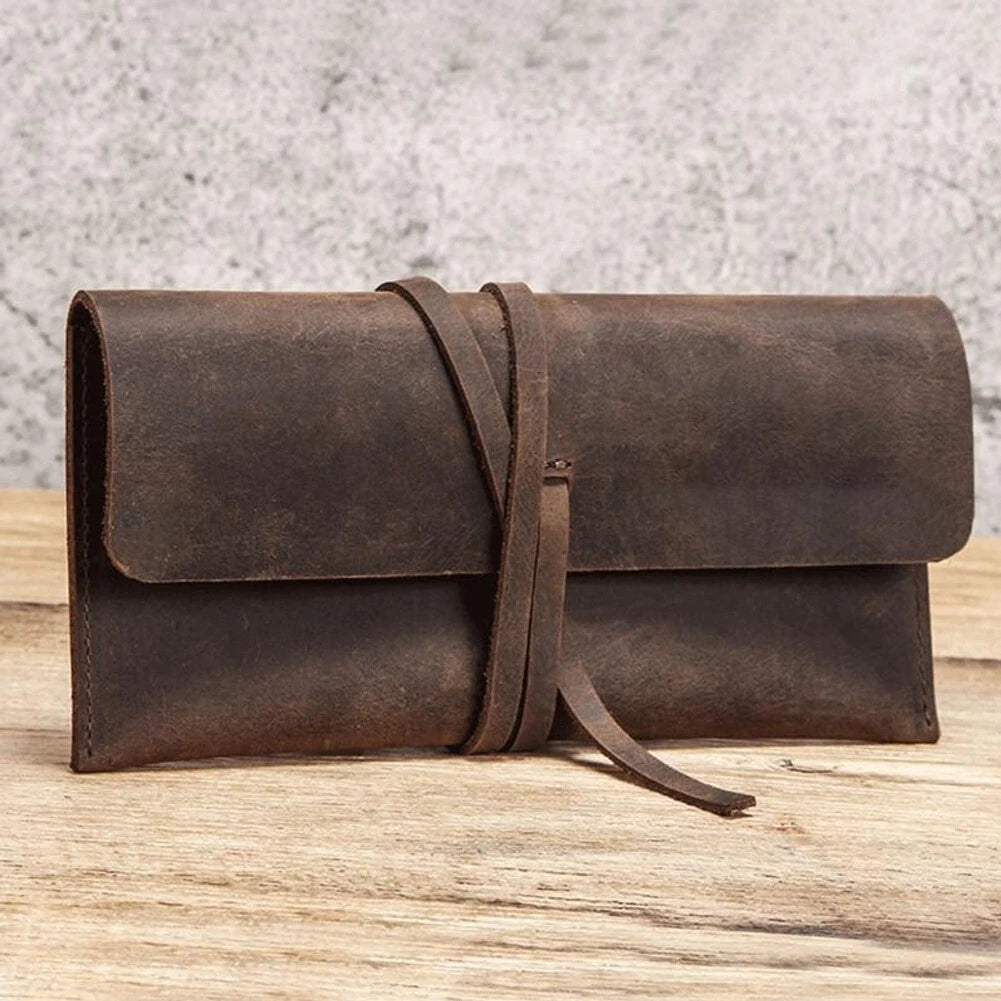 Retro Crazy Horse Leather Roll Up Pencil Case for Sunglasses Storage