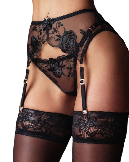 Lace Garter Belt Thong Set for Women - Black, One Size
