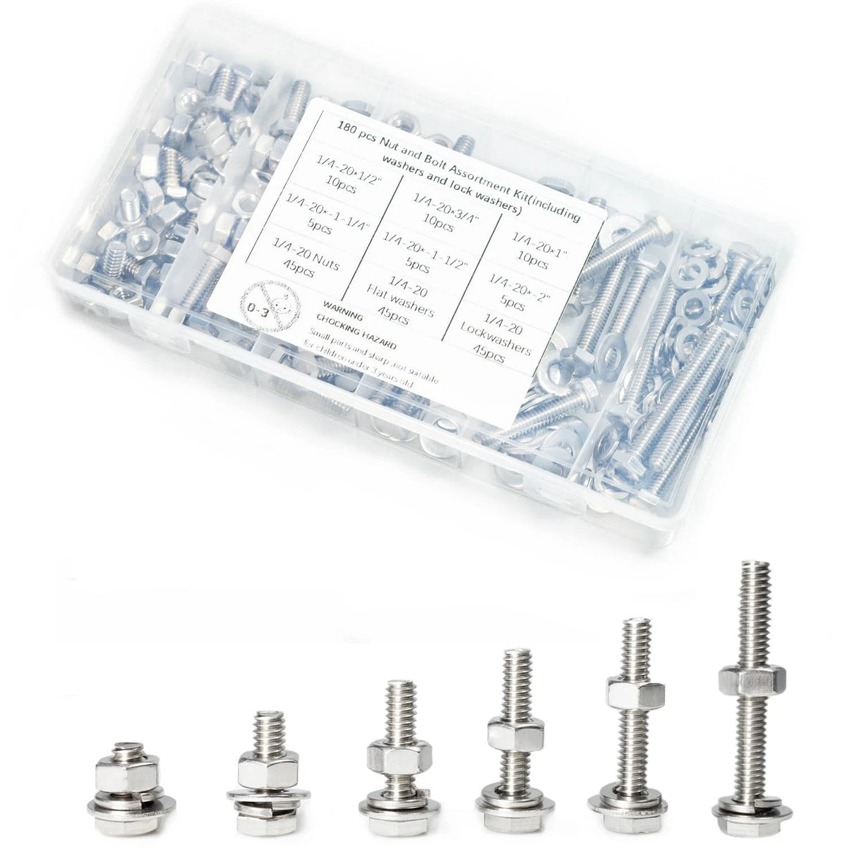 180-Piece SAE Stainless Steel Fasteners Kit with Hex Bolts and Washers