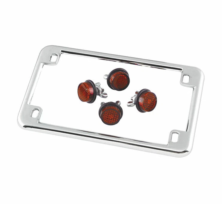 Chrome License Plate Frame with Red Reflectors for Harley (0602)
