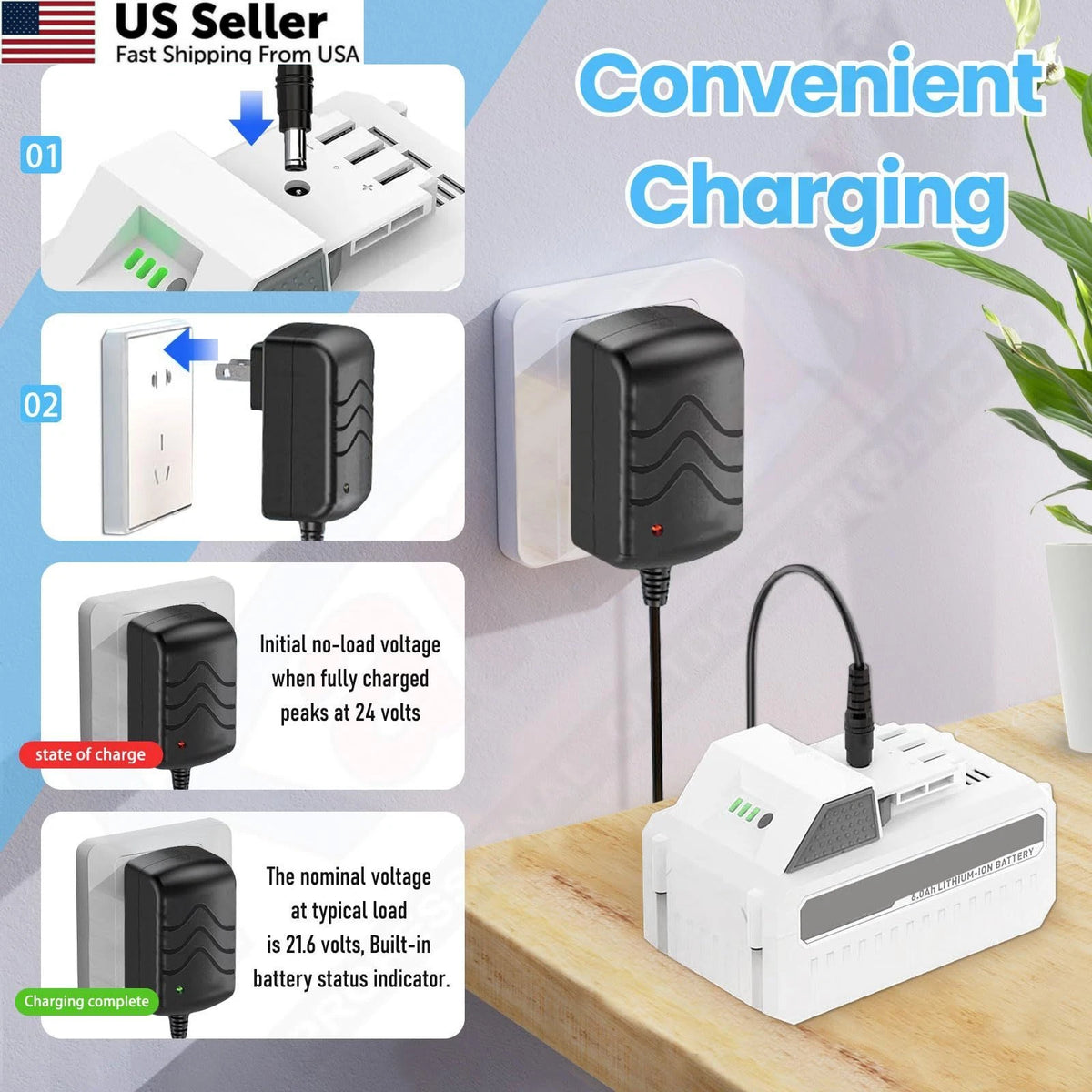 24V Quick Charger for Snow Joe & Sun 24V iBAT24