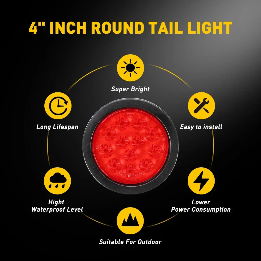 2X 4" Red LED Round Tail Brake Lights for Truck Trailer (12V)