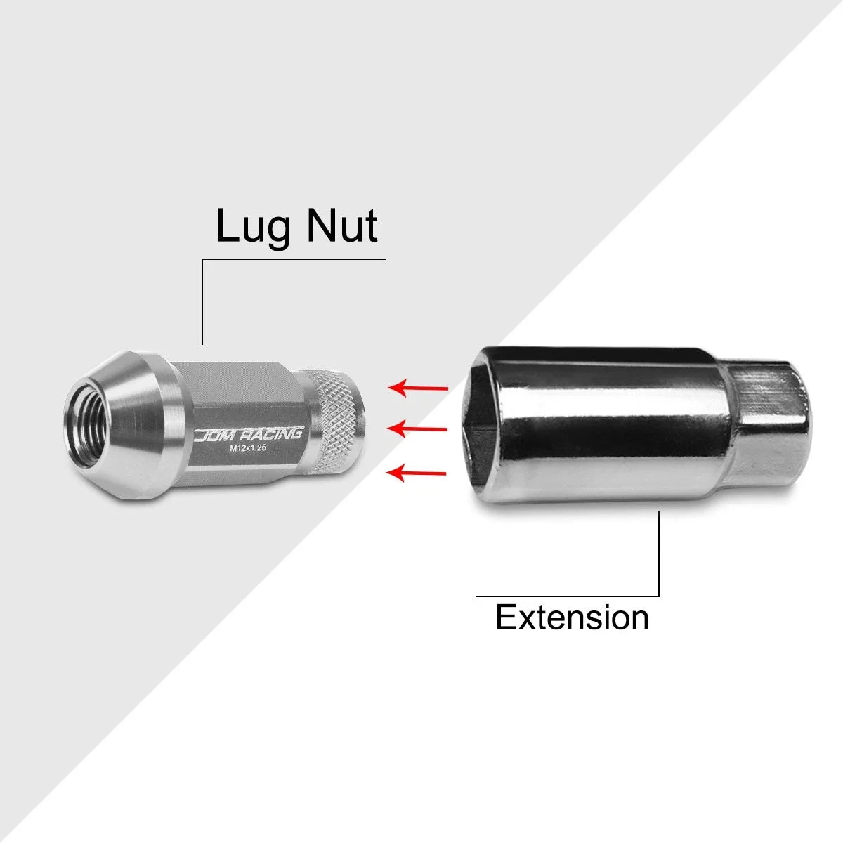 Set of 20 M12X1.25 Gunmetal Open End Cone Seat Hex Rim Lug Nuts + Extension 25mmx50mm