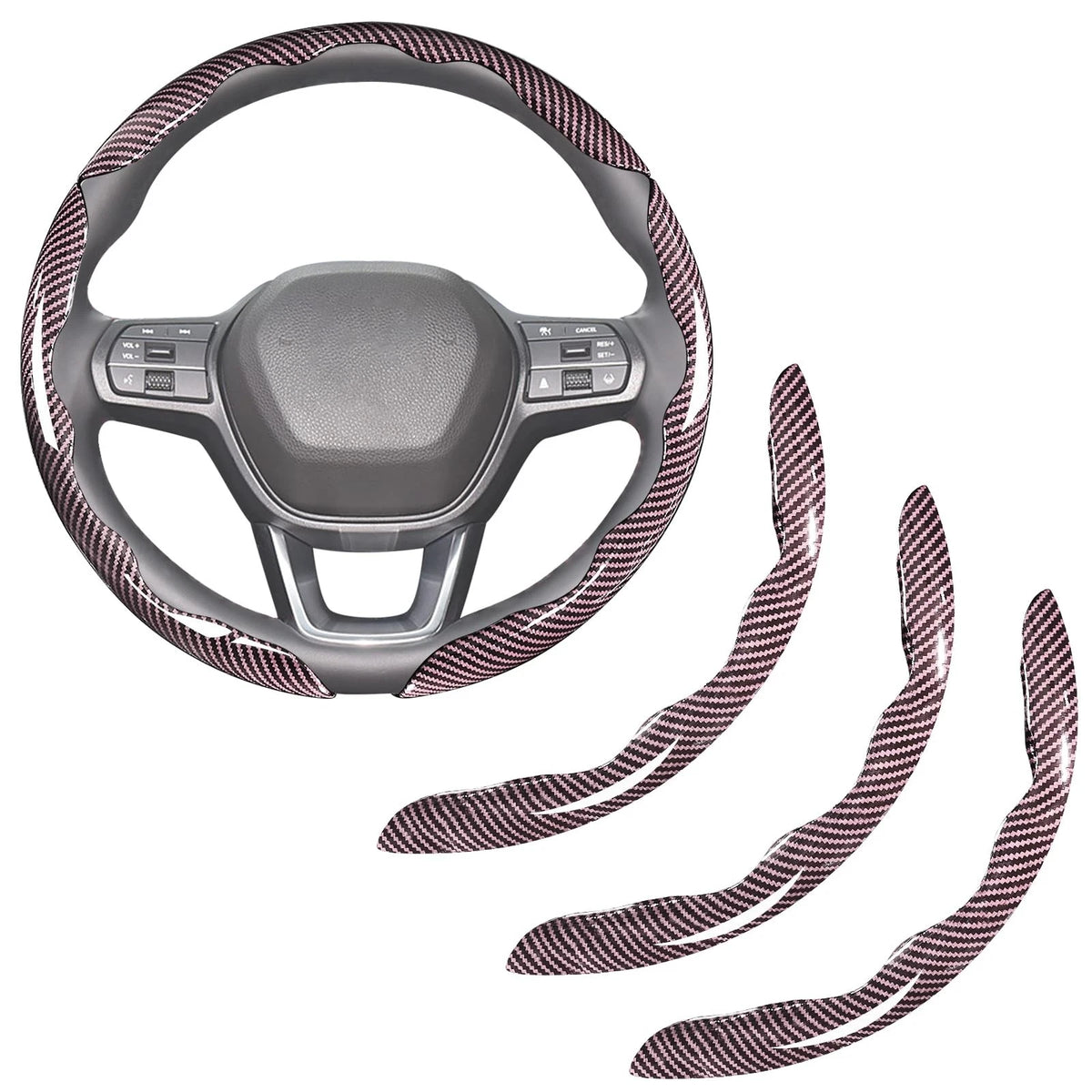 3 Piece Pink Carbon Fiber Steering Wheel Cover Set for Universal Fit