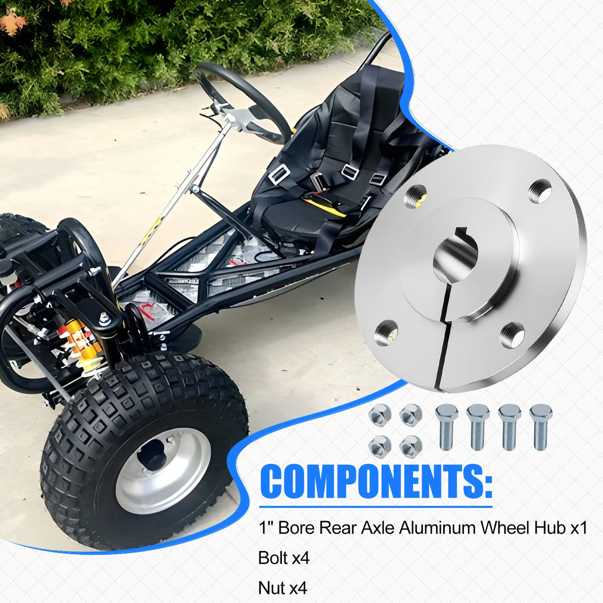 1" Bore Rear Axle Aluminum Wheel Hub w/Bolt for Go Kart Golf Cart (4 x 4)