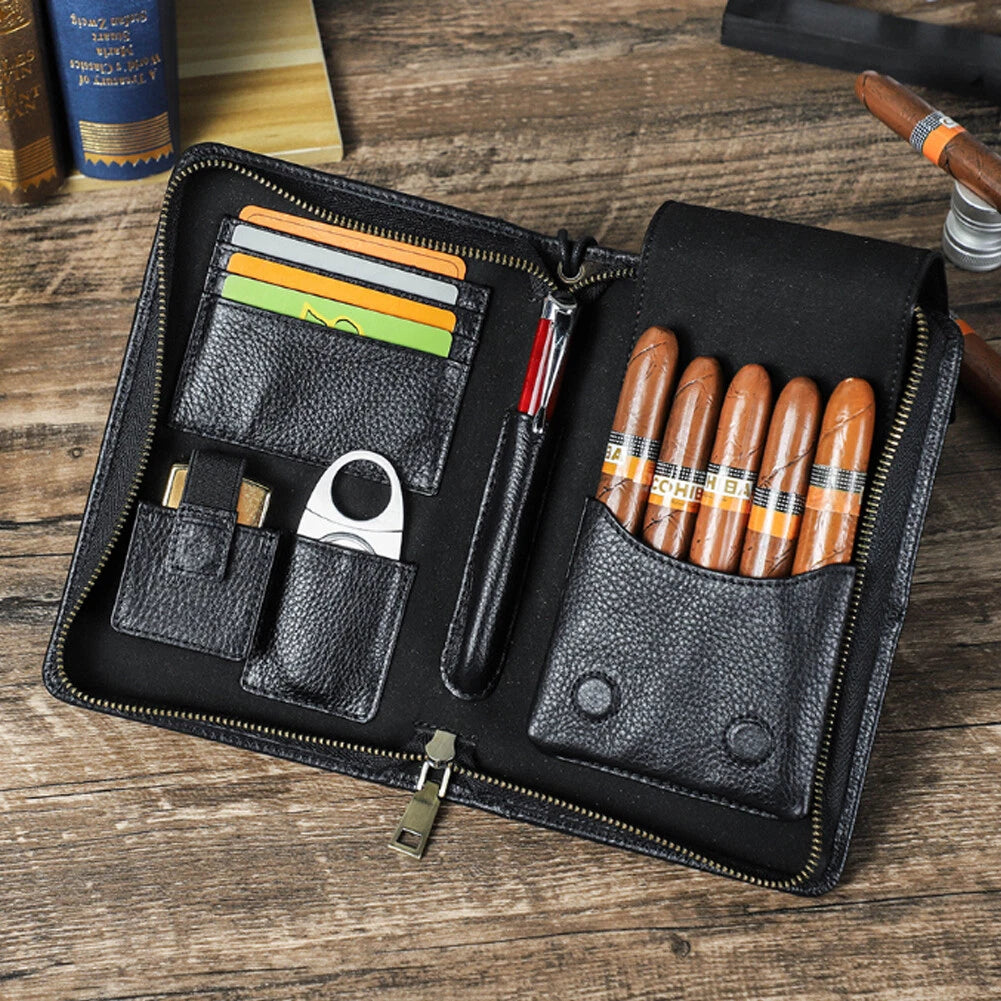 5-Slot Black Genuine Leather Cigar Case with Wrist Strap and Zip Closure