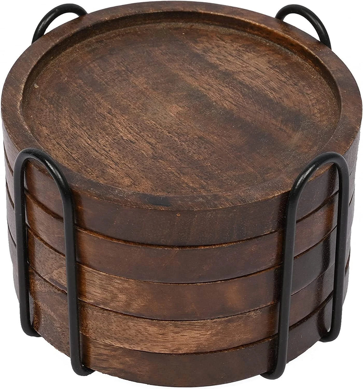Set of 5 Mango Wood Coasters with Iron Holder for Countertop