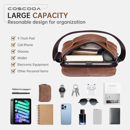Leather Messenger Shoulder Crossbody Bag for Men - Brown