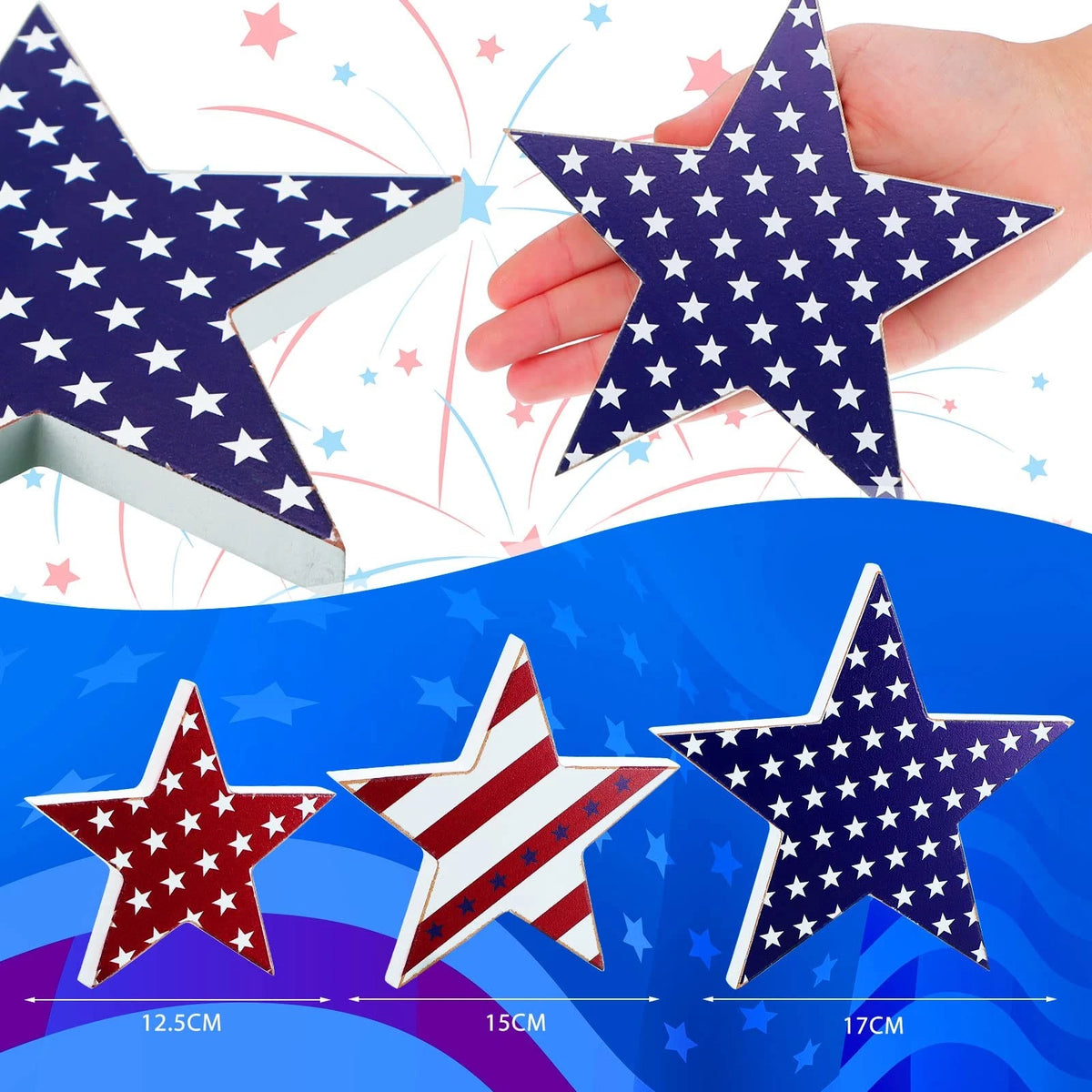 3 Pcs Wooden Stars Decorations for Table (4th of July, Memorial Day)