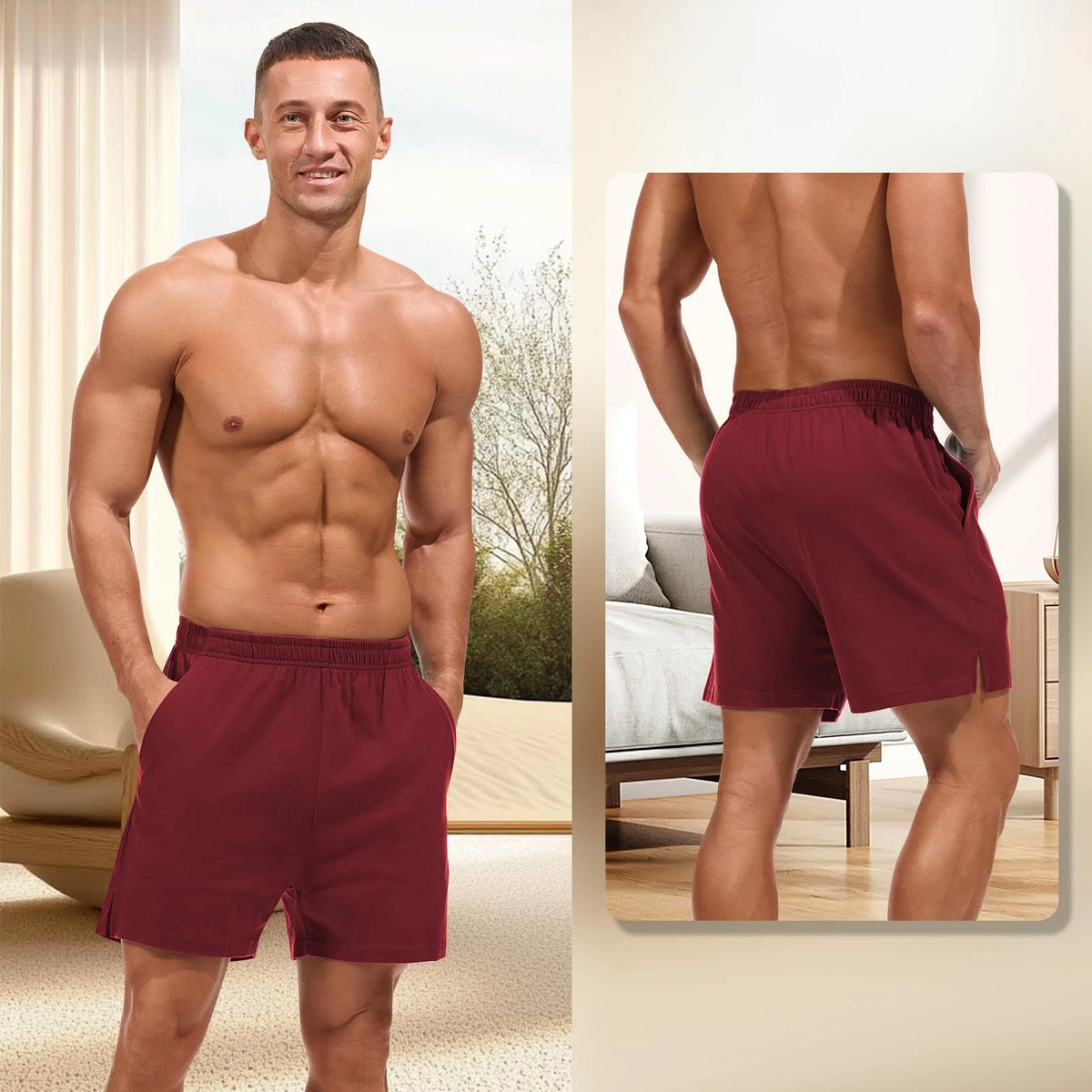 Lounge Shorts for Men - 4 Inch Lightweight Pajama - Wine Red