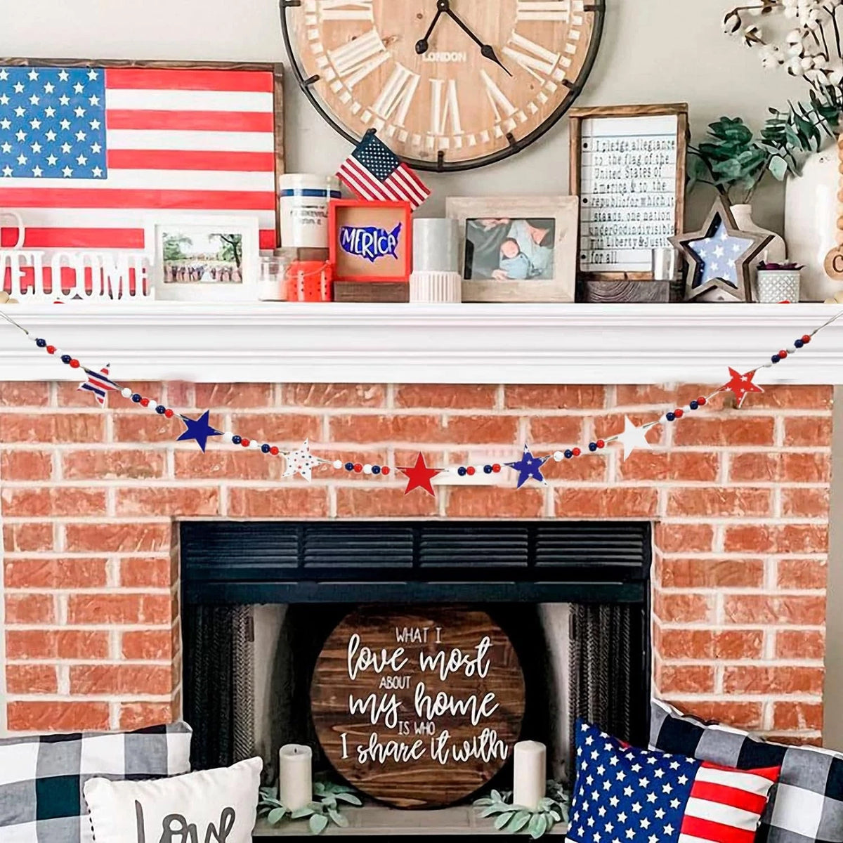 4.9FT Patriotic Wooden Beads Garland with Star Felt Charms