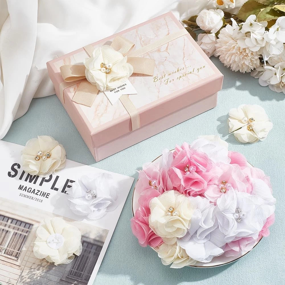 40 Pcs Pink Rhinestone Pearl Chiffon Flowers Appliques for Sewing