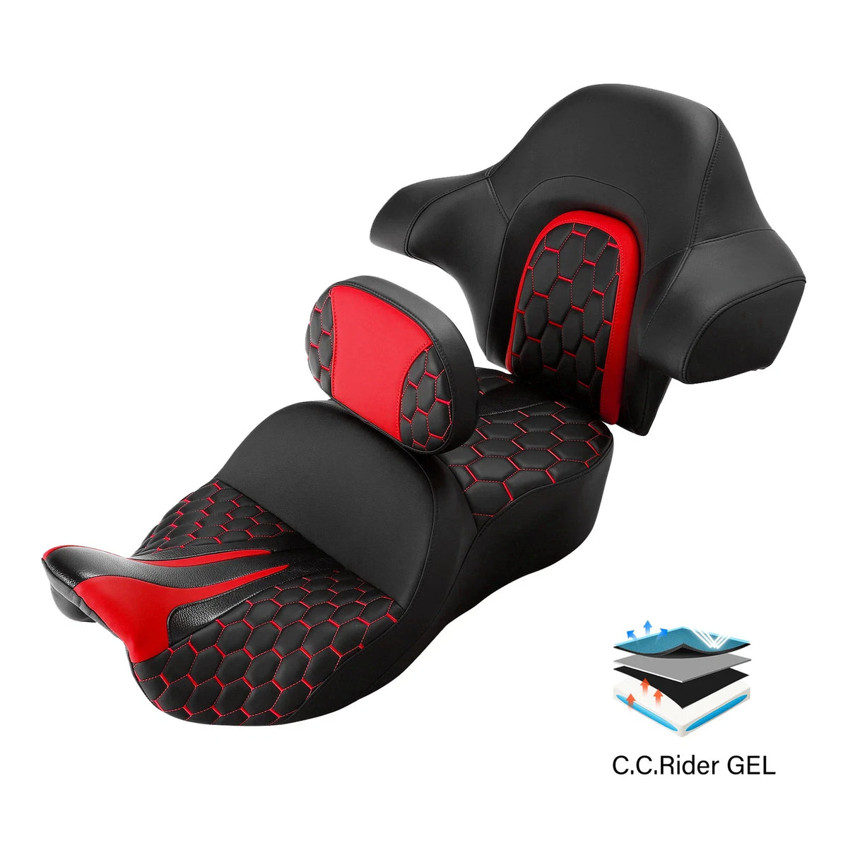 Set of 2 Gel Seat Backrests for Harley Touring Glide (2014–2023) Black Red
