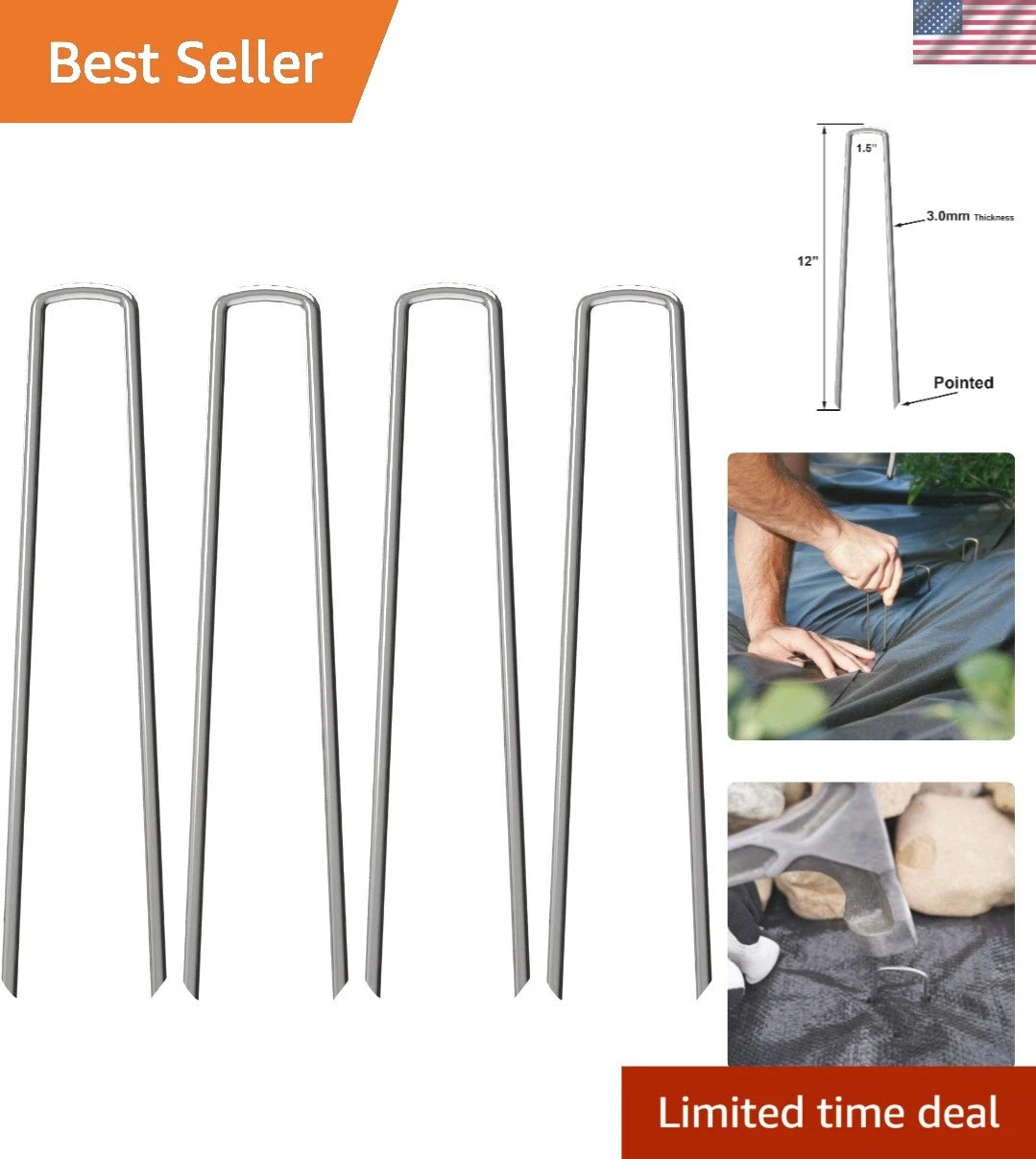 100 Pack 12-Inch Galvanized Garden Stakes for Weed Barrier & Fencing Support