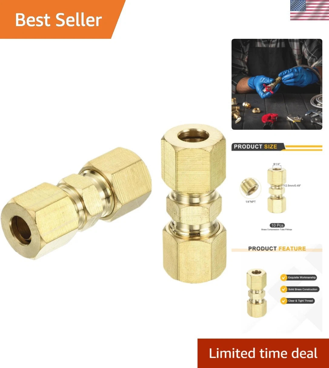 10PCS Brass Compression Tube Fitting Connector 1/4" OD