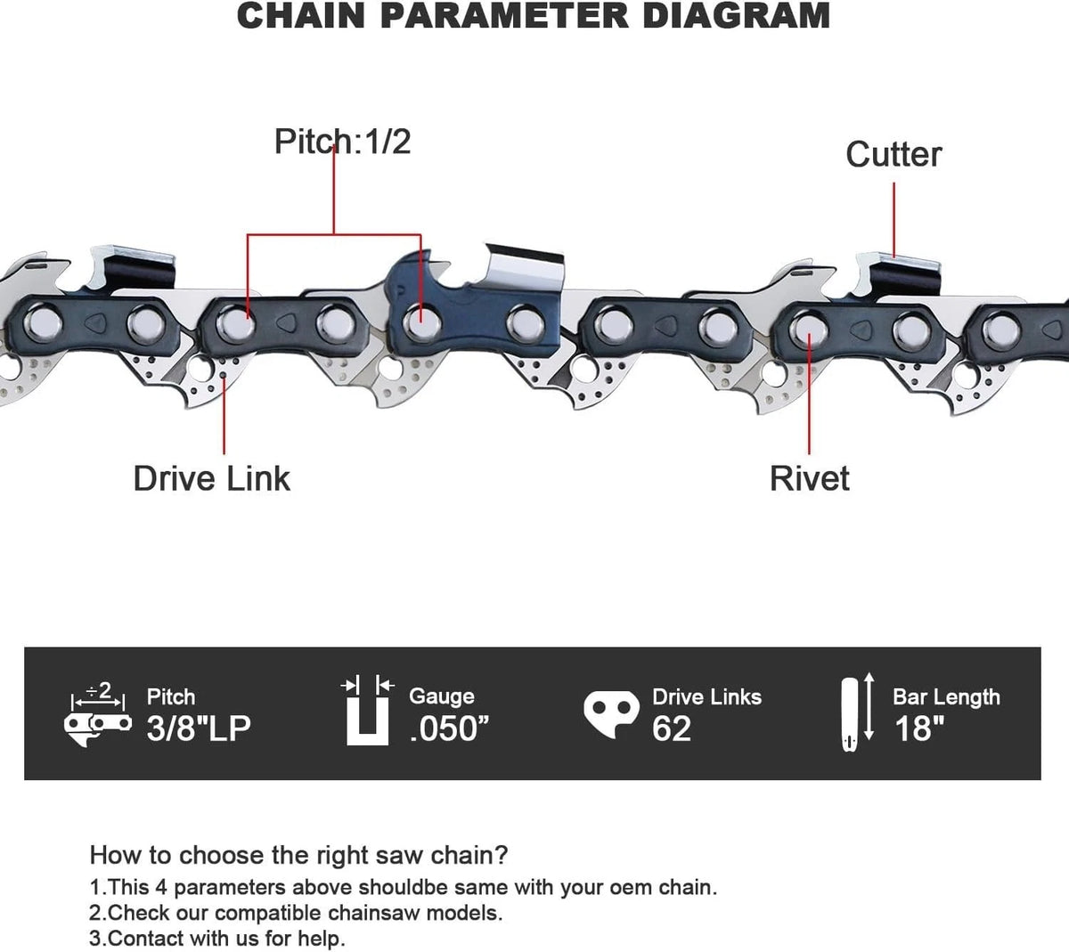 3-Pack 18 Inch Chainsaw Chain with 62 Drive Links for Oregon CS1500