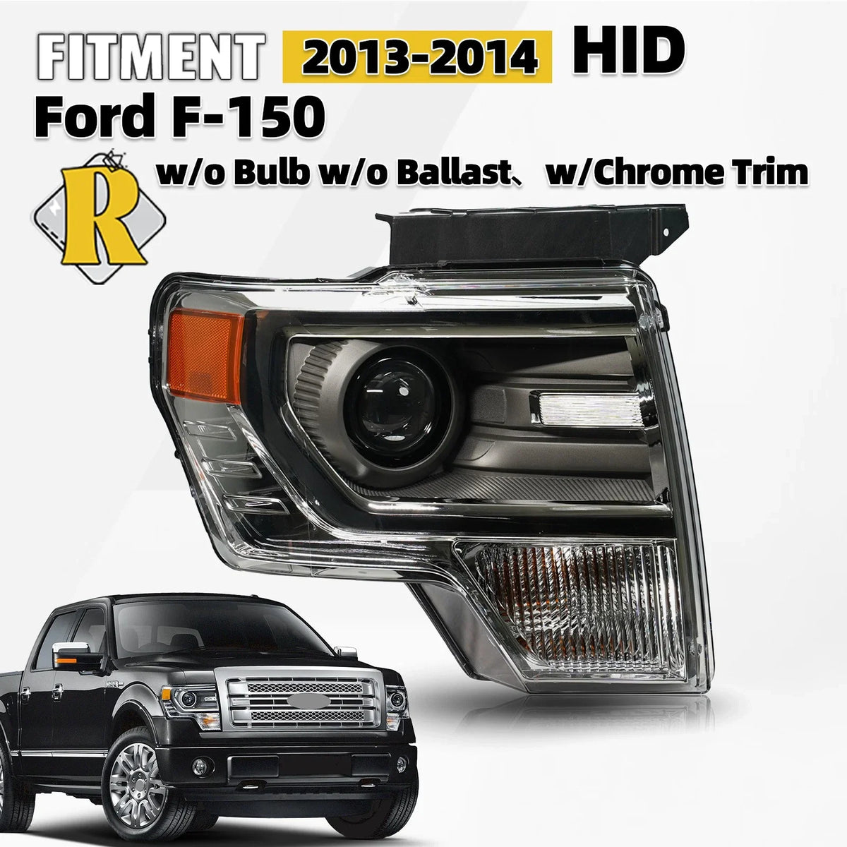 HID/Xenon Headlight for Ford F-150 (2013–2014) Right Side Chrome Trim