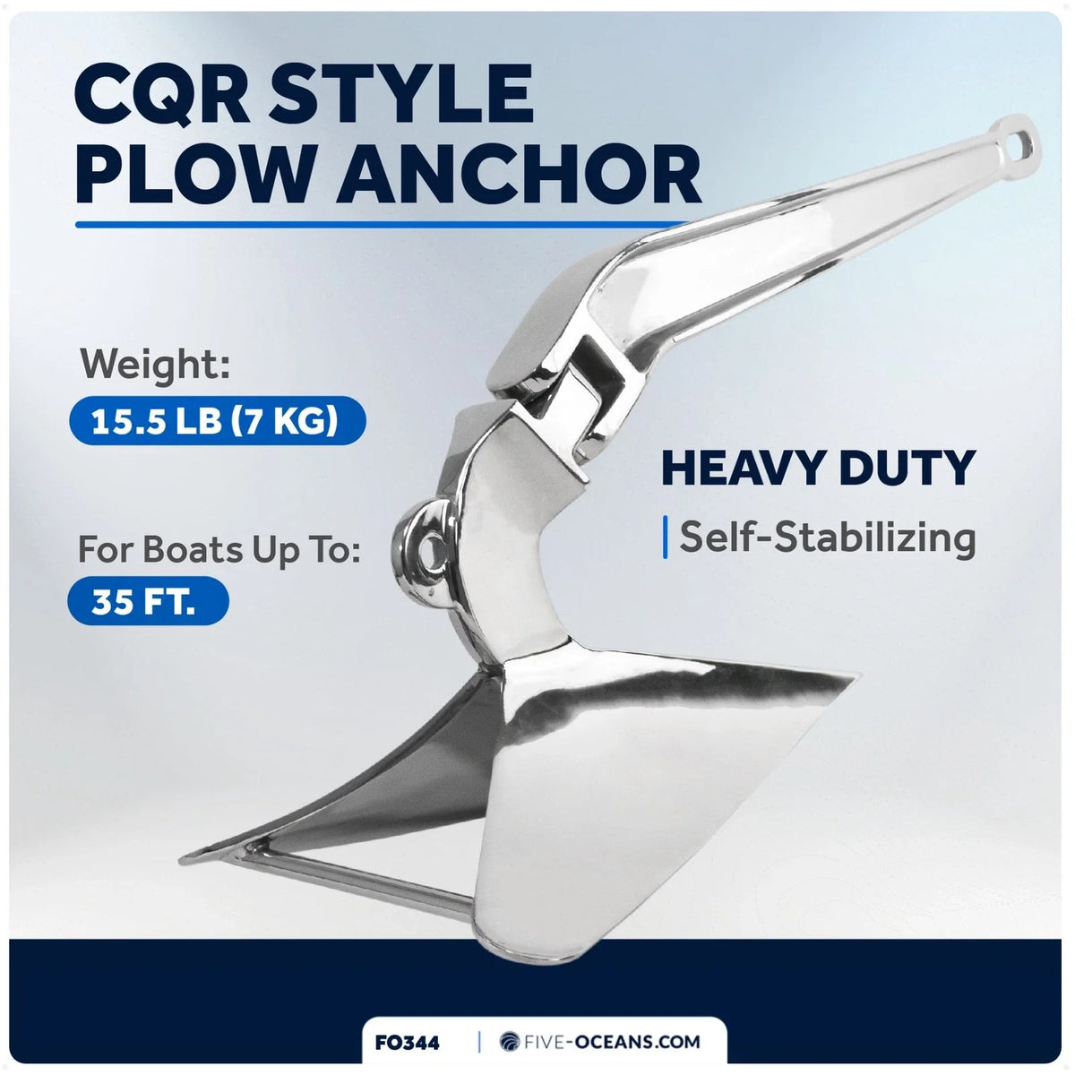 CQR Style Plow Anchor 15.5 lb for Boats (Solid High-Polished Stainless Steel)