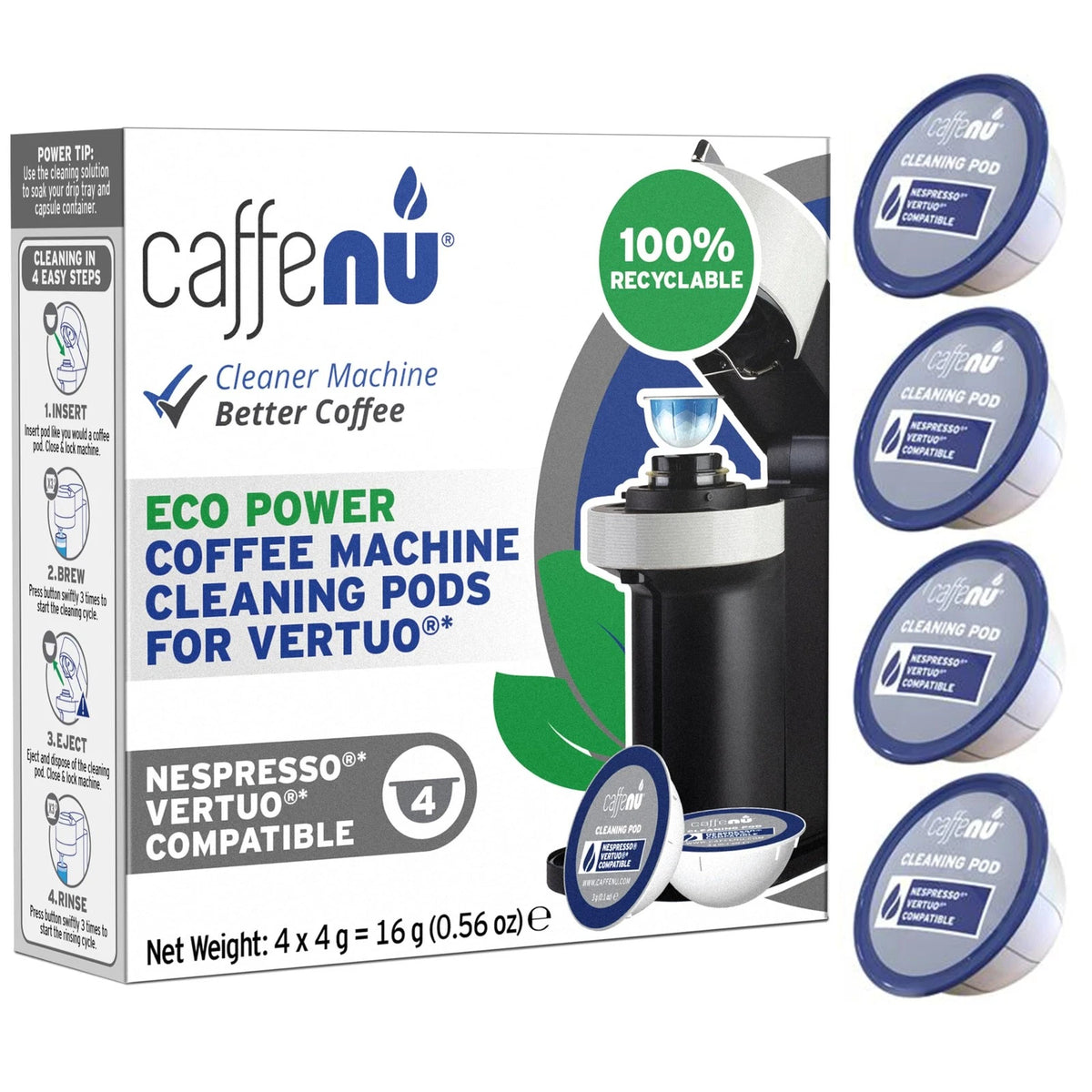 Set of 4 Caffenu Cleaning Pods for Nespresso Vertuo (2015–2023)