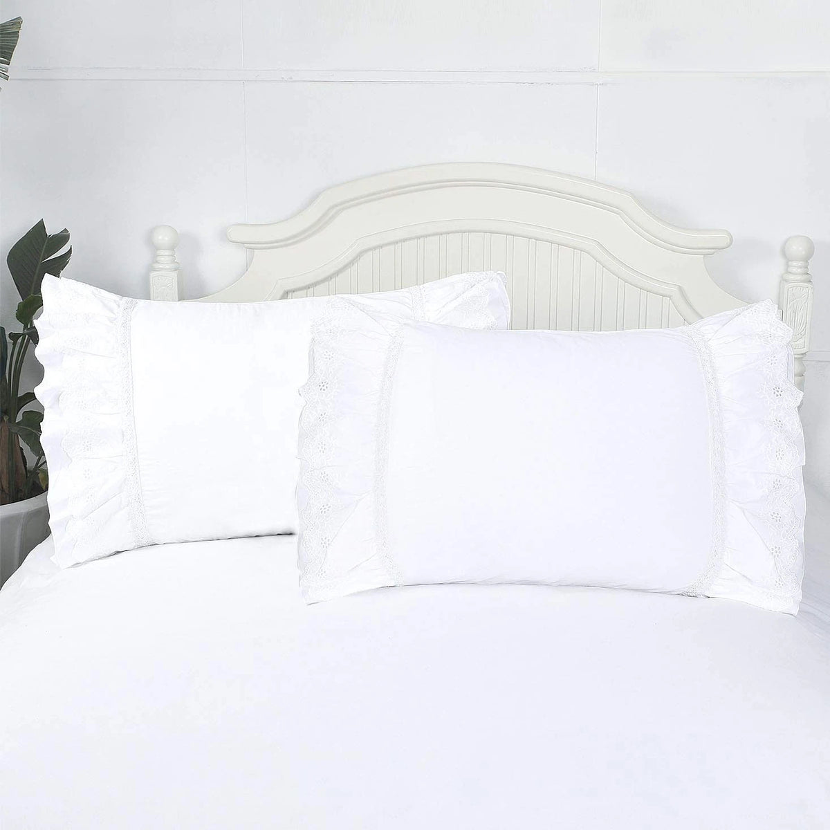 Eyelet Pillow Shams Set of 2 Lace Ruffled Standard White 20 x 26"