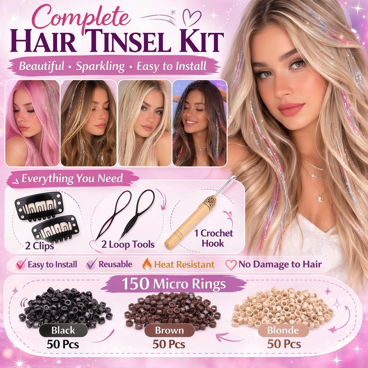 Hair Tinsel Kit 16 Colors 3500 Strands 48 Inch for Hair Styling