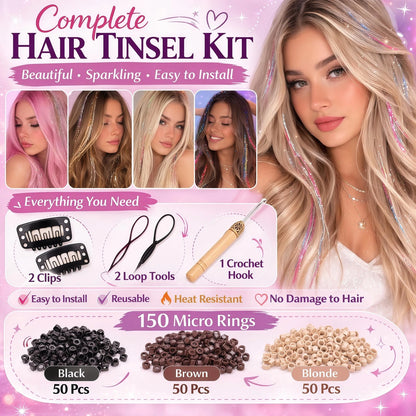 Hair Tinsel Kit 16 Colors 3500 Strands 48 Inch for Hair Styling