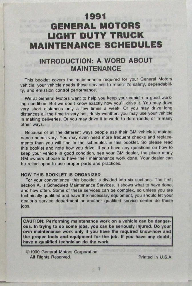 Maintenance Schedule Booklet for GMC Light Duty Truck (1991)