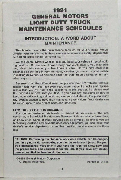 Maintenance Schedule Booklet for GMC Light Duty Truck (1991)