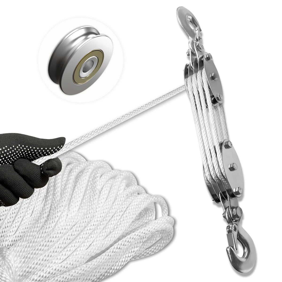 4 Wheel Block and Tackle Pulley System - 65Ft, White