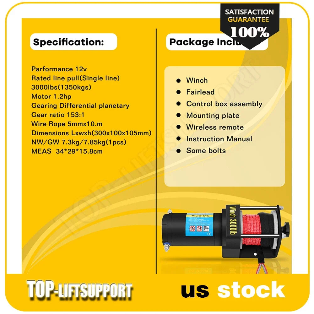 3000LBS Electric Winch for Truck Trailer - Waterproof Synthetic Rope