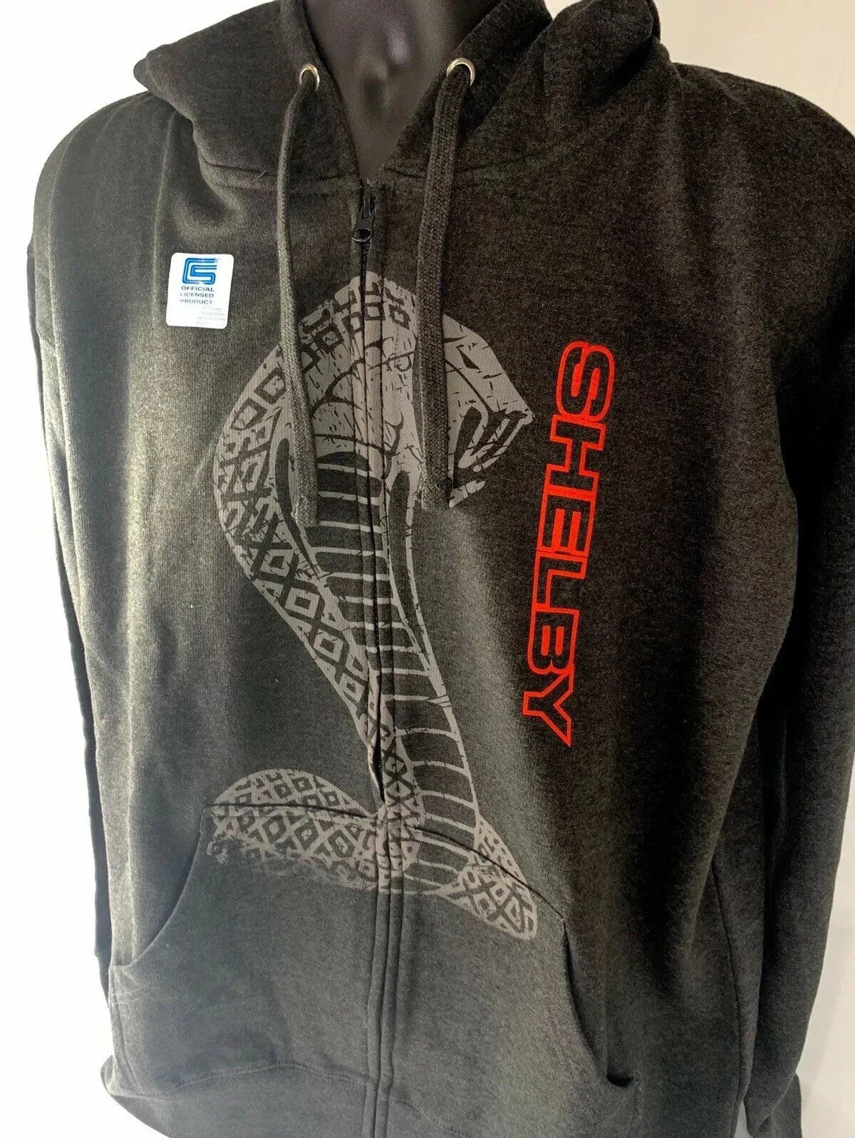 Zip Up Hoodie Jacket for Shelby Cobra (Licensed) Gray Red Snake Emblem (Unisex)