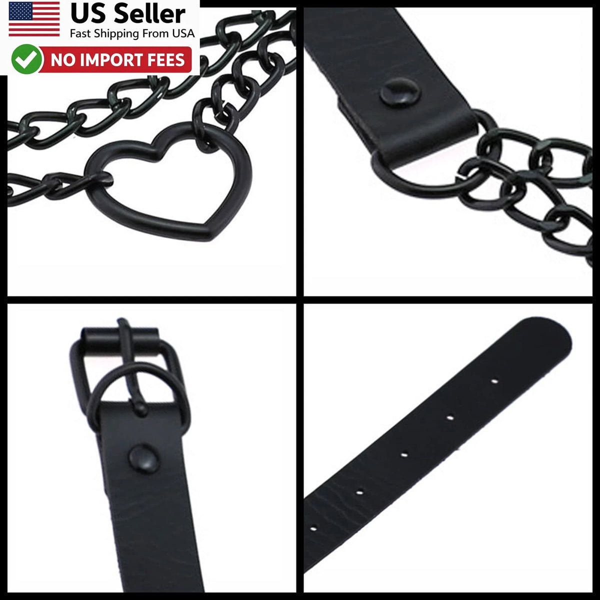 Vintage Love Heart Black Leather Choker Collar Body Chain Belt