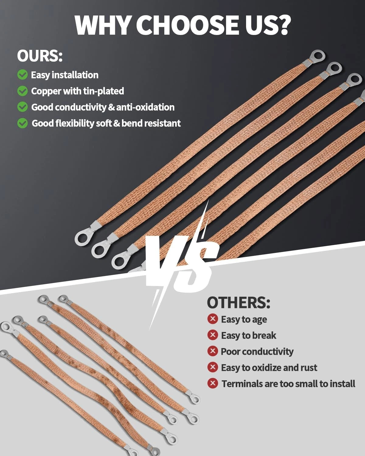 Set of 6 Universal Automotive Braided Copper 12 Inch Cables