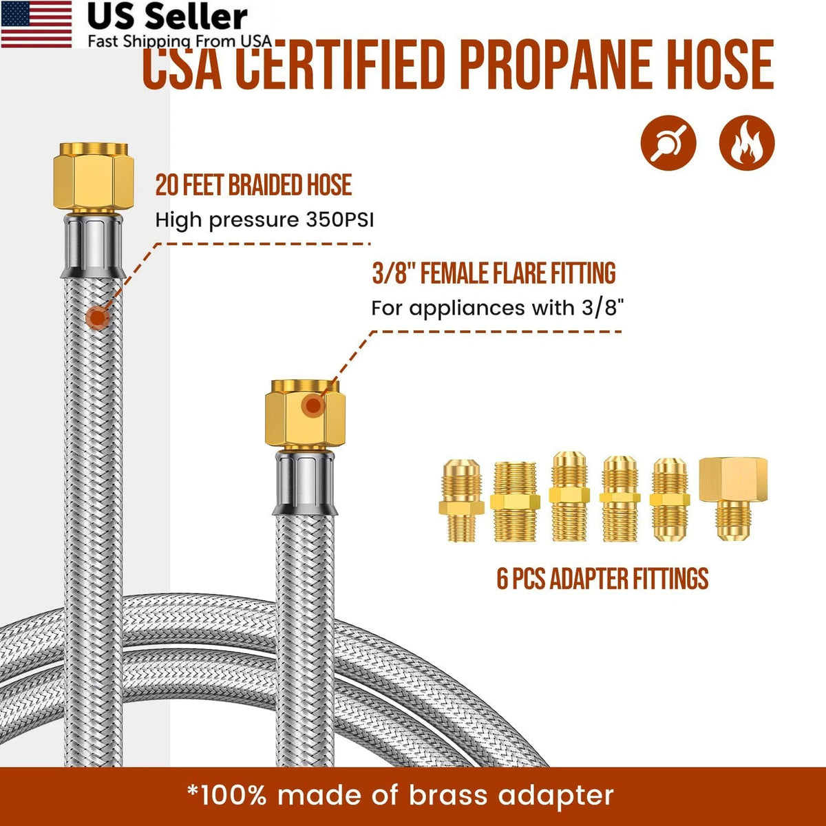 20 FT Stainless High Pressure Propane Hose Extender 3/8"
