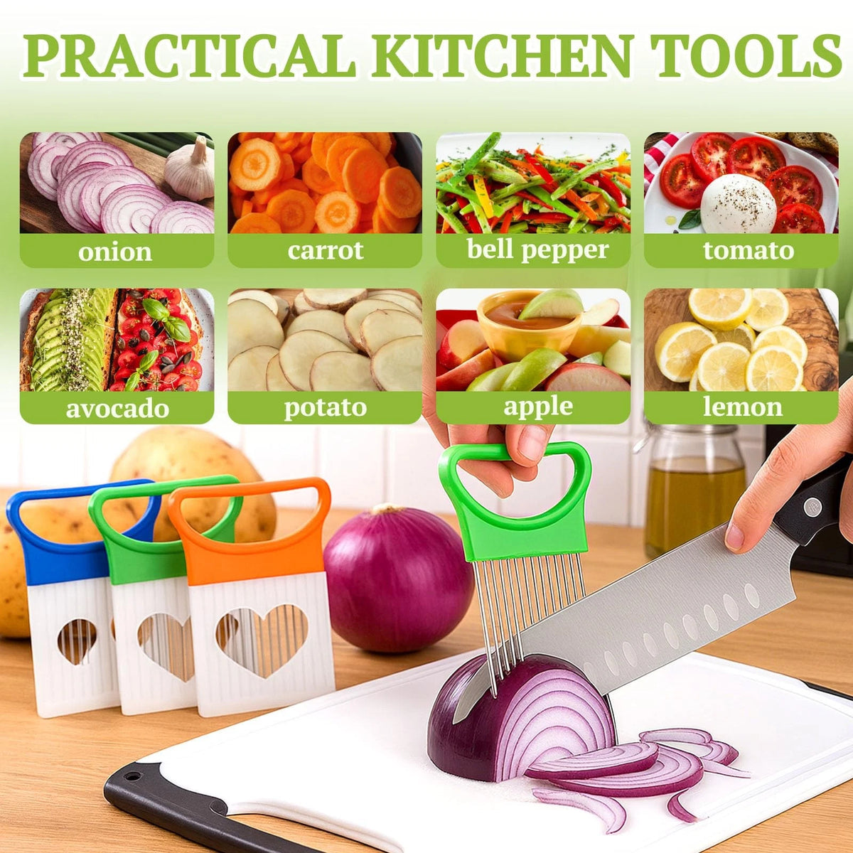 3X Stainless Steel Onion Holder for Slicing (Blue, Green, Orange)