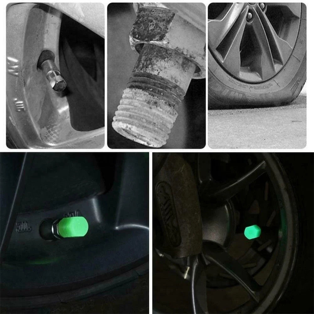 4X Luminous Tire Valve Caps for Vehicle Wheel (Glow Dust Cover Kit)