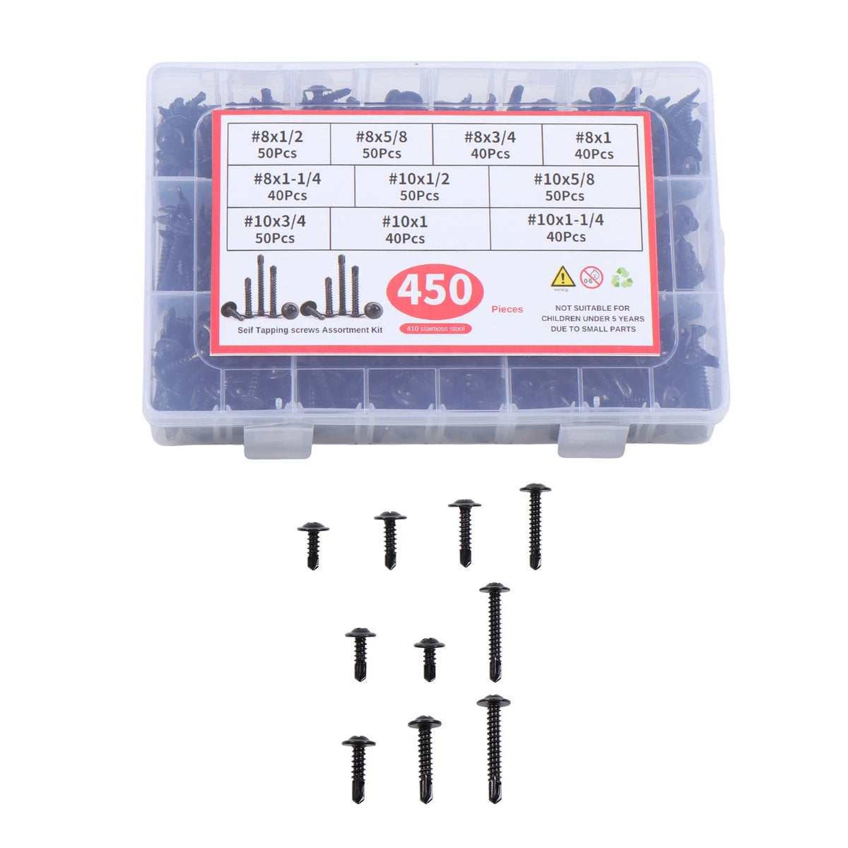 Set of 450 Self-Tapping Screws #8 #10 Hex Head 1/2" to 1-1/4"