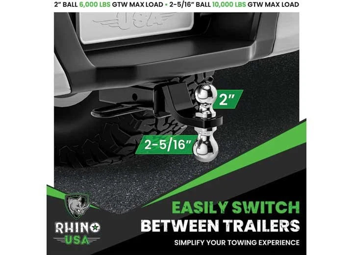 Reversible Dual Ball Hitch for Rhino USA TO-HTDUAL-BLK (2" & 2-5/16")