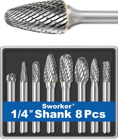 8Pcs Carbide Burr Set for Die Grinder (1/4 Shank, Max Head Dia 10mm)