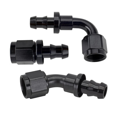 Set of 3 Black Socketless Push-On Hose End Fittings AN8 90° 45° Straight 9100786
